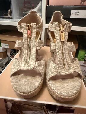 Michael Kors Beige Woven Zip-Front Espadrille Wedge Sandals
